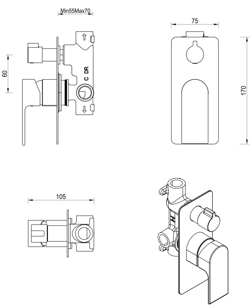 Beki Shower Mixer Diverter - 1P - TRIM KIT ONLY – Brushed Nickel