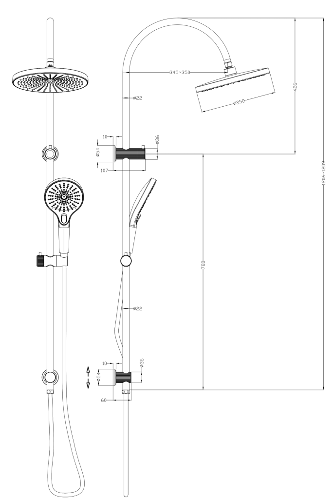 Mica Fluted Gooseneck Dual Shower Rail – French Gold