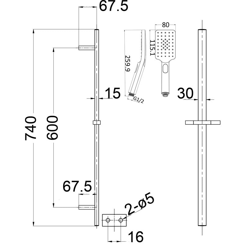 Cresta Single Shower Rail – Gunmetal
