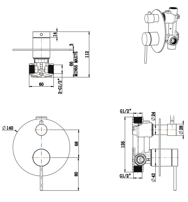 Mica Shower Mixer Diverter - 1P - TRIM KIT ONLY – Brushed Nickel