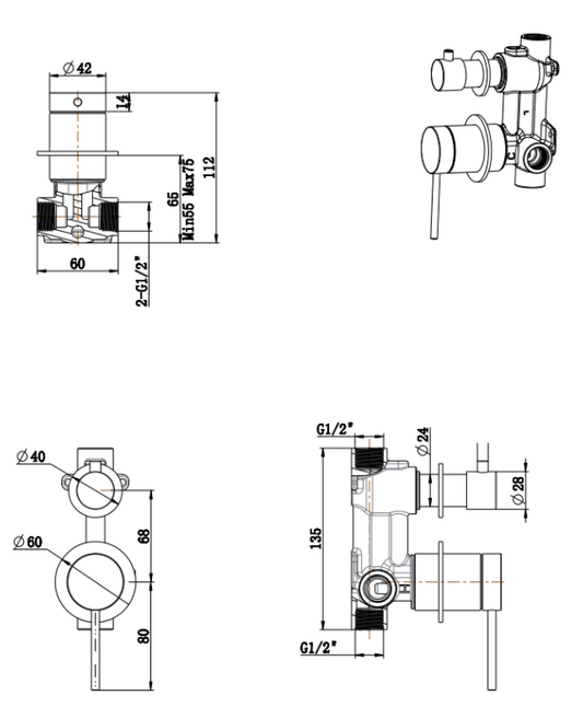 Mica Shower Mixer Diverter - 2P - TRIM KIT ONLY – Gunmetal