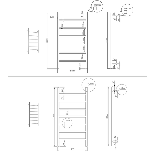 Square Towel Ladder - 920 x 460mm – Chrome