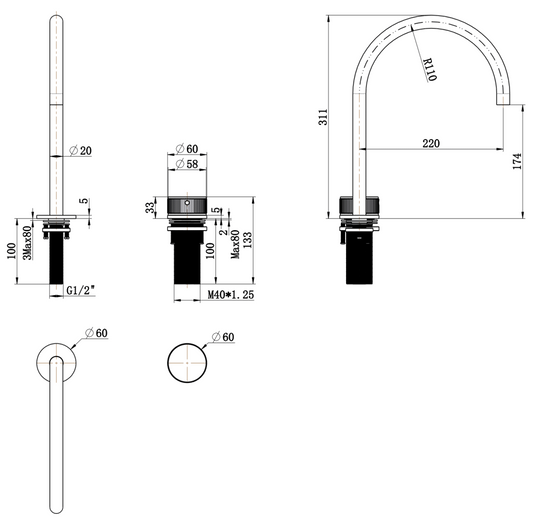 Mica Fluted Gooseneck Hob Sink/Basin Mixer Set – Black